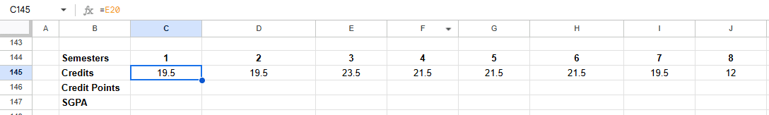 CGPA calculator in Google sheets step 2