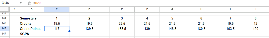 CGPA calculator in Google sheets step 3