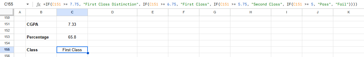 CGPA calculator in Google sheets step 8: determining the class