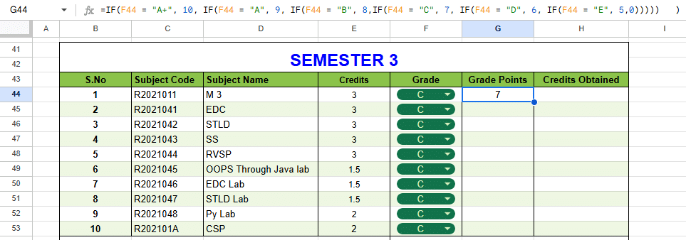 SGPA and CGPA calculator in Google sheets step 4.1 