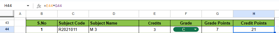 SGPA and CGPA calculator in Google sheets step 5